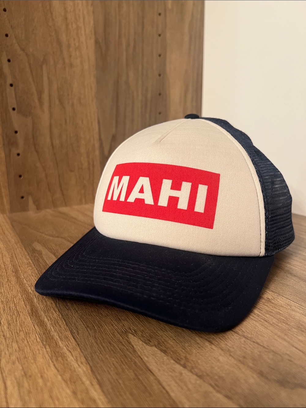 MAHI GOLD Beige‎ and Navy Trucker Hat with Red Logo